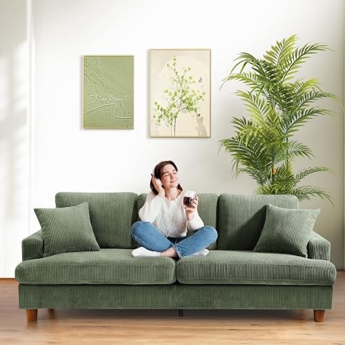 Domusensus 3 Sitzer Sofa Big, 221CM Cord Sofa Wohnzimmer, Couch 3 Sitzer | Werkzeugfreie Montage, Schlafzimmer Sofas 53CM Extra Tiefe Sitze, Bequemes Couch fürs Büro, Sofa Couch mit 2 Kissen, Grün