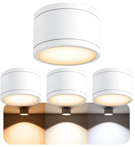 SSC-LUXon CELI-WX Aufbauspot 4er Set weiß IP44 GX53 6W 3 Lichtfarben | Vier dimmbare Bad-Aufbaustrahler weiß rund IP44 - warm / neutral / kalt, inkl. GX53 LED 6W, für Bad, Flur & Außen, nur 6cm
