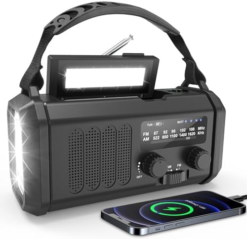 Notfallradio AM/FM mit Kurbel und Solarpanel | 20000 mAh Powerbank • USB-C • LED-Taschenlampe • SOS-Alarm • Schwarz