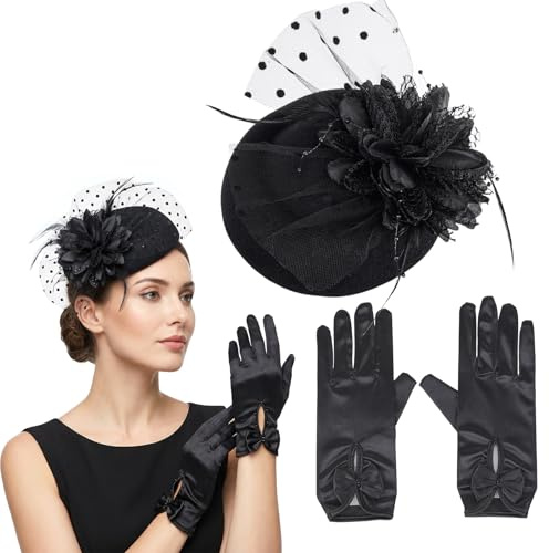 XDGBGFN 20erJahre Vintage Fascinators Hut Set 50er Blume Schwarz Pillbox Hut mit Netzschleier und Elegant Handschuhe Vintage Fascinator Hut Damen für Tea Party Cocktail Hochzeiten Geburtstag