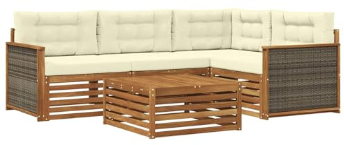 vidaXL Outdoor-Sofagarnitur mit Kissen 5 pcs Natur und Creme, Patio Loungeset, modernes Sofa für draußen, wetterbeständiger Gartenspaß, Bequeme Terrassenmöbel