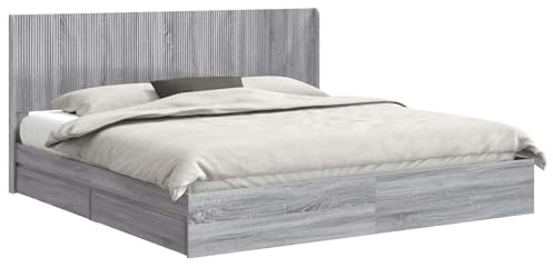 vidaXL Bettgestell mit Stauraum und Kopfteil Graues Sonoma, Moderner Schlafzimmerstauraum-Bett, rechteckiger Rahmen, schickes Latten-Design, platzsparendes Möbelstück