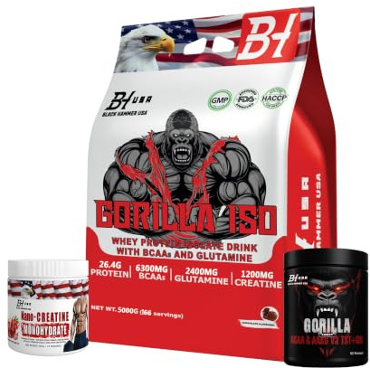 Black Hammer USA - Gorilla ISO Whey Protein 5kg Schokolade + Gorilla BCAA & AAKG 620g & Free Nano Creatine 350g Bundle | 26,4g Protein | 6,3g BCAA | Muskelaufbau & Regeneration