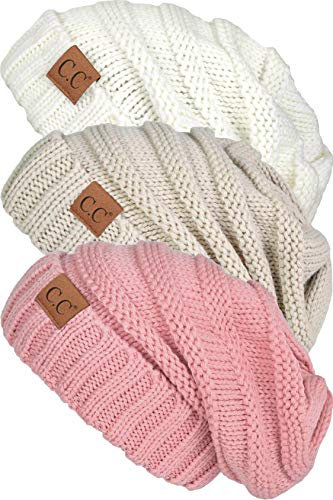 Funky Junque Trendige warme Oversize-Strickmütze mit Zopfmuster, grob, weich, 3er-Pack – Elfenbein, Beige, Indi-Pink, Einheitsgröße