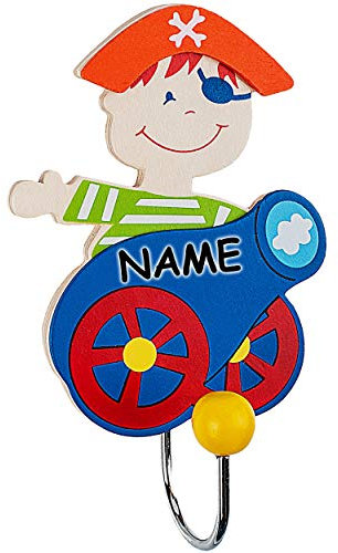 alles-meine.de GmbH Garderobenhaken - Pirat mit Kanone - inkl. Name - aus Holz & Metall - Wandhaken/Kindergarderobe - einzeln mit 1 Kleiderhaken - Kind Wandgarderobe - für Inne..