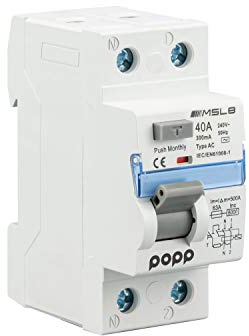 POPP® Electric Interruptor diferencial industrial TIPO AC corriente residual alterna 2 Polo 40A 300mA SERIE MSL8 (1P+N, 40A 300mA)
