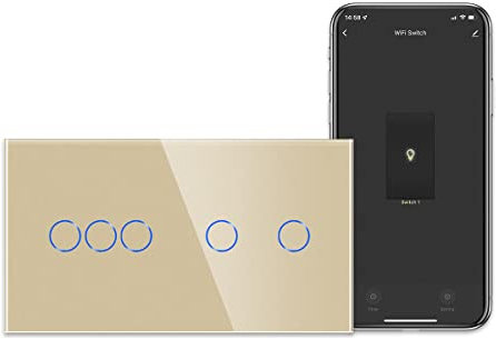 CNBINGO Smart Touch Lichtschalter Arbeiten mit Alexa, Google Assistant - Doppelt Wandschalter unterputz in Gold - WLAN Schalter dreifach und zweifach - mit Glas Panel - Neutralleiter Wird Benötigt