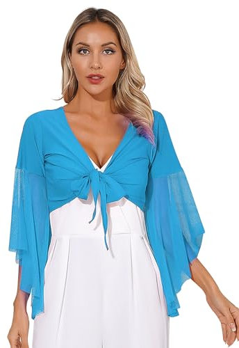inlzdz Damen Bauchtanz Oberteil kurzes Oberteil Cardigan Langarm Bluse Top Bauchtanzoberteil 3/4 Trompetenärmel Tanzkleid Tanzshirt Elegant Schulterjacke Festlich Hellblau One Size
