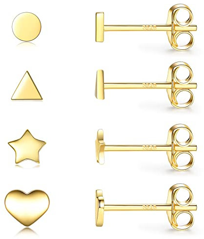 Damen Ohrringe Gold, 4 Paar Klein Kreis Runde Stern Herz Dreieck Ohrstecker Sterling Silber 925 Vergoldet Set für Damen Mädchen Frauen Schmuck Geschenke