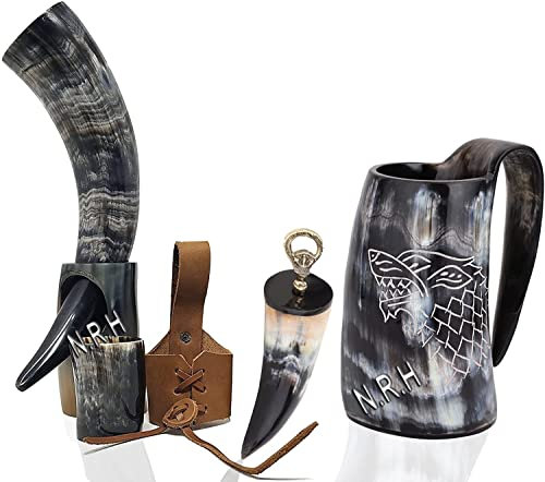 Nautical Replica Hub Viking Drinking Horn Mug | Bottle Opener | Whiskey Cup | Belt Holster | Drinking Horn with Stand for Food Safe Ale, Wine, Mead, Cold Drink, Water, and Beer Tankard (6 Piece Set)