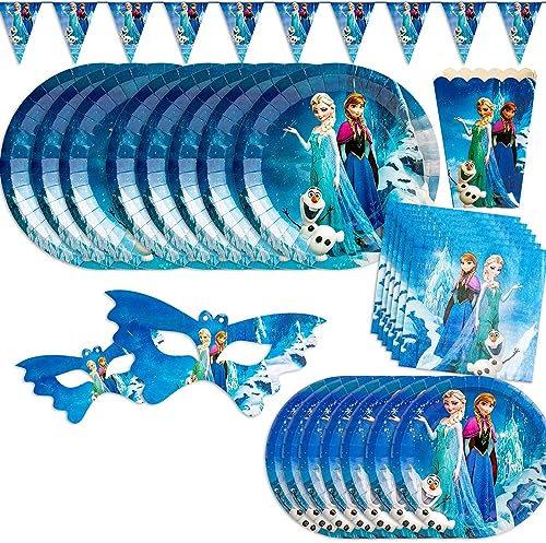 Frozen Party Tableware Supplies Includes Banner, Plate, Napkins, Princess Mask and Popcorn Box For Girls Birthday