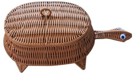DOITOOL Turtle Rattan Storage Basket with Lid Decorative Bin Hand Woven Shelf Organizer Handmade Wicker Basket Box Animal Decoration Artwork for Toys Fruit Bread Light Brown