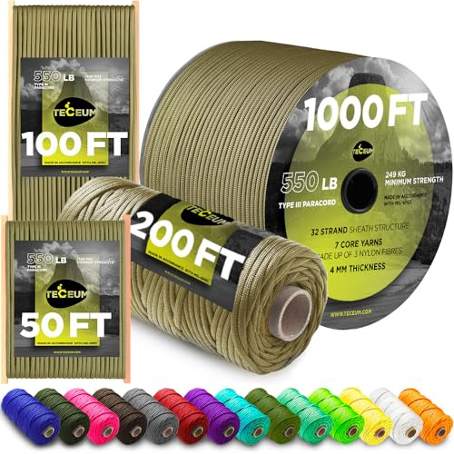 TECEUM Paracord Rope Type III 550 – Tactical MIL-SPEC – Outdoor Para Cord | Coyote Brown, 30m, Clothesline, Camping Fishing Gear and Equipment, DIY, Parachute Cord 4mm, Strong Survival Utility Rope