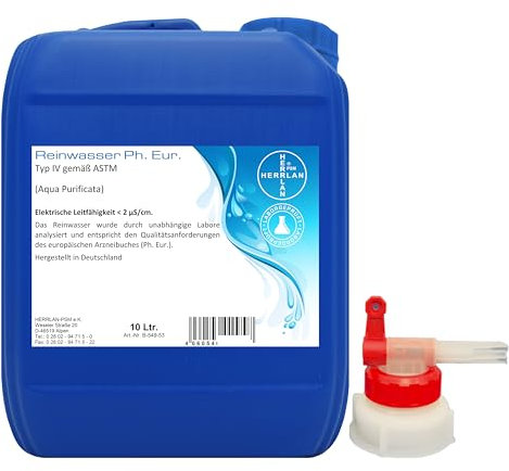 HERRLAN® Destilliertes Wasser – 10 Liter AQUA PURIFICATA inkl. 1 x AGH Ph. Eur. - Hochreines Laborwasser in Pharmaqualität - Made in Germany