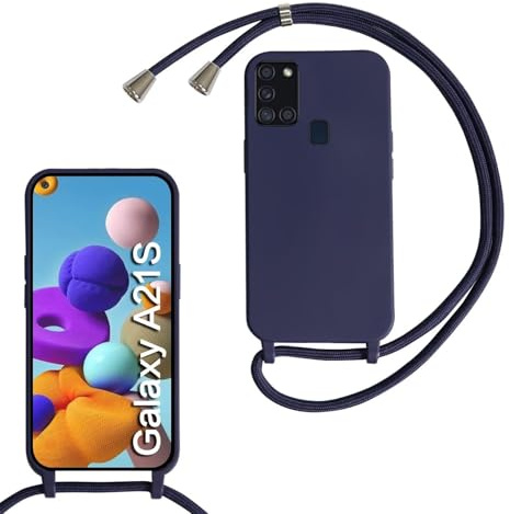 MBSLFY Silikon Handykette für Samsung Galaxy A21S Hülle mit Band,Silikon Necklace Handyhülle mit Abnehmbar Kordel zum Umhängen Stossfest Bumper Handy Schutzhülle für Samsung Galaxy A21S, Navy blau