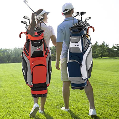 GYMAX Sac pour Chariot de Golf avec Capuchon de Pluie, Sac Autoportant de Golf avec 14 Divisions, 7 Poches à Termeture Éclair, Bande Collante pour Gants, Porte-Parapluie et Bandoulière