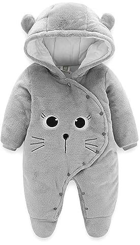 Salopette per Neonato Romper Invernale in Flanella Playsuit con Piedini Felpa con Cappuccio Cartoon,Grigio 6-9 Mesi
