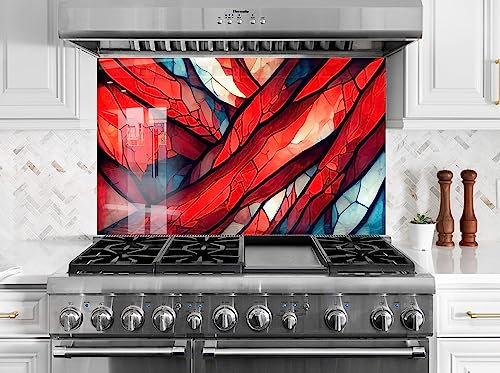 Myphotostation.com 60WX40H''Tempered Glass Backsplash Design Cooker Wall Backsplash Panel Glass Splashback for Kitchen Panel Design Red Stained Splashback for Stove