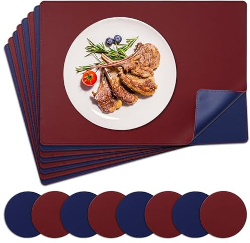 NOSTHEART Tischsets Abwaschbar 8er Set, Platzsets Abwischbar Tischsets Leder Hitzebeständig rutschfest Platzdeckchen mit Untersetzer Rund, Doppelseitigen Mit Randnähten, Königsblau Rot