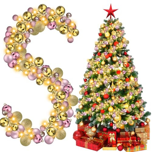 Jenaai 6 Feet Christmas Bulb Ball Garland with LED Lights in Rose Gold and Gold
