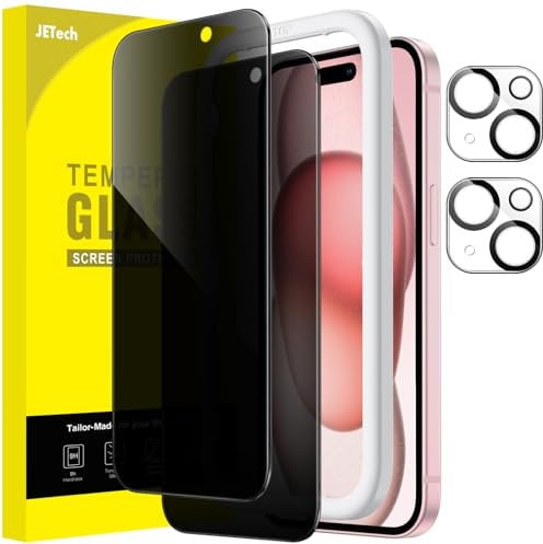 JETech Protector Pantalla Privacidad para iPhone 15 6,1 Pulgadas y Protector Lente Cámara, Marco de Instalación Fácil, Cristal Vidrio Templado Antiespia, 2 Paquetes Cada Uno