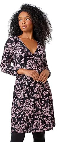Roman Wrap Tea Dress for Women UK Ladies Fit Flare Skater Swing Stretch Frill Long & Short Sleeve Evening Cocktail Party Work Office Smart Casual Knee Length - Black Pink - Size 14