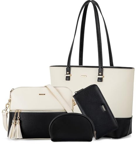 LOVEVOOK Handtasche Damen Groß Handtaschen Set Umhängetasche Shopper Tasche Schultertasche 4-teiliges Set Frauen Geschenk für Büro Uni Reise, Beige Schwarz