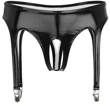 TiaoBug Damen Lack Leder Hot Pants High Waist Ouvert-Slip Bikini Hose Hipster Mini Slip mit Rüschen mit Strumpfhalter Gothic GoGo Outfits Kostüm Schwarz A L