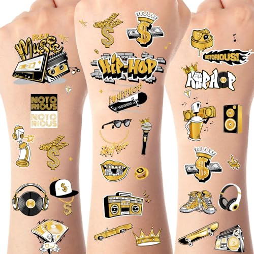Serencatcher 144pcs Hip Hop Temporäre Tattoos, 90s Hip Hop Party Favors mit Notorious Tattoos Aufkleber für 80s 90s Themed Notorious Big One Geburtstag Party