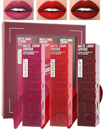 Lipstick Sets for women-3 Colors Long Lasting High Pigmented Lip Stain Tint,Super Matte Velvet Lip Gloss, Up to 16H Wear Stay, Waterproof Smudge-proof,Red Lip Stick Full-Coverage,Lip Makeup Gift-Set B