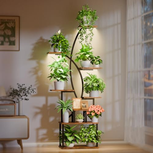 JUSTOGO Plant Stand Indoor with Grow Light, 8 Tiered Tall Plant Shelf for Indoor Plants Multiple, 65 Large Corner Shelves Metal Curved Flower Holder Display Rack for Living Room, Patio, Balcony
