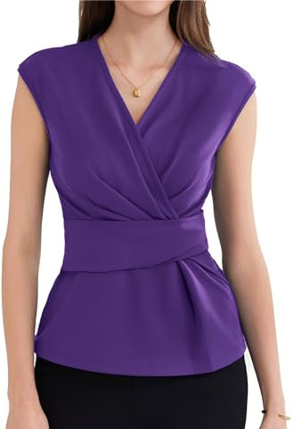 GRACE KARIN Elegant Laterne Ärmellos Slim Fit Plissee-Tops Einfarbige Tunika Bluse Sexy Pullover Oberteil Fashion Party Top Lila XXL