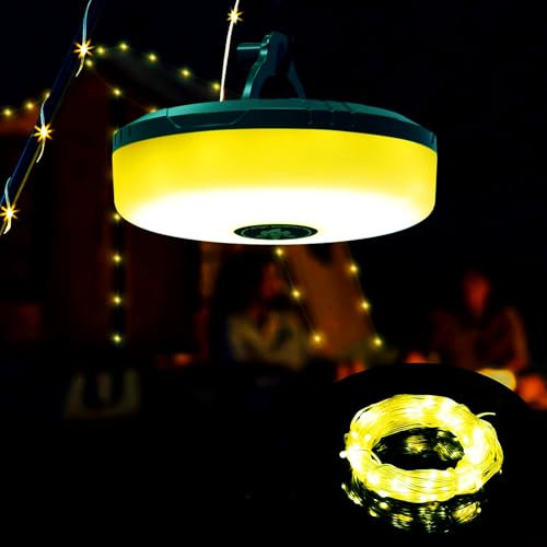 Camping Lichterkette 10M, 3-in-1 Camping Lichterkette Aufrollbar, 8 Beleuchtungsmodi, Wasserdichte Tragbare Verstaubare Wiederaufladbare Campinglampe mit Taschenlampe für Camping, Notfall, Dekoration