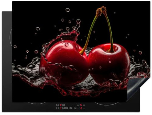 KitchenYeah© Protection Pour Plaque Induction Deco Cuisine Protégé Cache De | 71x52 cm - Cuisson Vitroceramique Cerises - Rouge - Fruit - Eau - Noir
