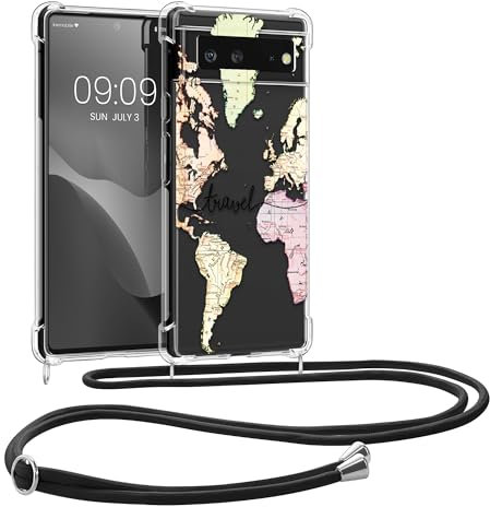 kwmobile Coque Collier Compatible avec Google Pixel 6 Coque - Housse en Silicone avec Cordon de Collier - Noir-Multicolore-Transparent