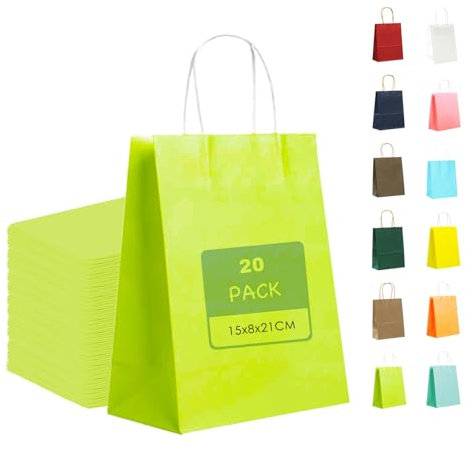 MORAINJAY 20 Stück Geschenktüten mit Henkel,Kraftpapiertüten,15x8x21cm Leuchtendes Grün Papiertüten für Geschenkverpackung,Gastgeschenke Tüten für Einkaufen,Hochzeiten,Verpackungen,Kindergeburtstag