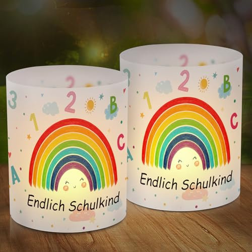 12 Windlicht Tischdeko Einschulung Regenbogen, Schulanfang Deko, Windlichter Tischdeko Endlich Schulkind, Einschulung 2024 mit Regenbogen, Geeignet für Teelicht oder Kerzen