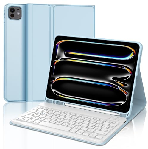 JADEMALL Coque Clavier pour iPad Pro 11 (M4) 2024, AZERTY Français Clavier Bluetooth Magnétique Détachable pour iPad Pro 11 M4 2024 A2836/ A2837/ A3006, Bleu Ciel