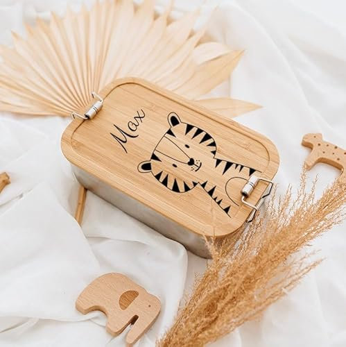 wunderwunsch® - Personalisierte Brotdose für Kinder - Robuste und Individuelle Edelstahl Brotdose mit Namen - Personalisierte Geschenke für Kinder (klein Weißblech,Tiger)
