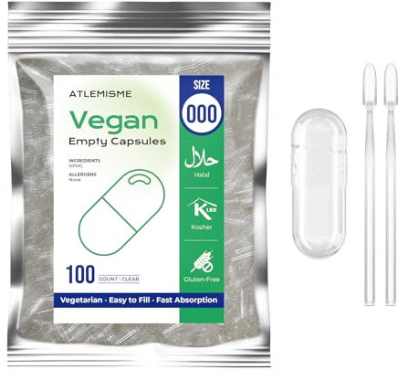 ATLEMISME Gélules Vides Végétales Taille 000 - Lot de 100 avec 2 Cuillères - Sans Gélatine - Gélules Faciles à Remplir et à Dissoudre Rapidement - Idéales pour Compléments Alimentaires et Poudres