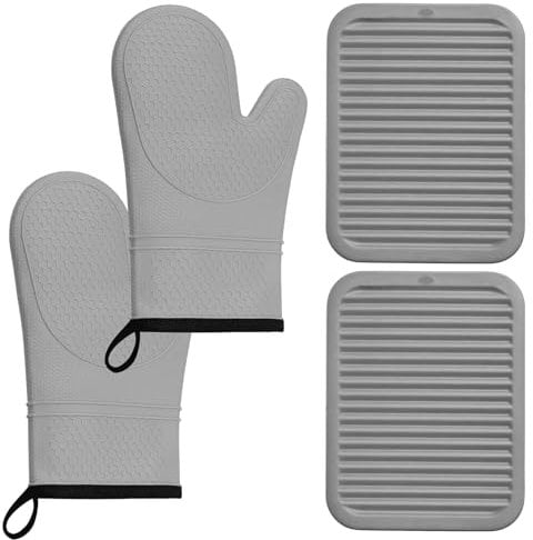 Honitra Silicone Oven Gloves: 500 °F Heat Resistant Gloves with Soft Quilted Lining Set of 2 with Non-Slip 12” Extra Long Oven Mitt Oven Mitt Pot Holders for Cooking Baking and BBQ (Grey)