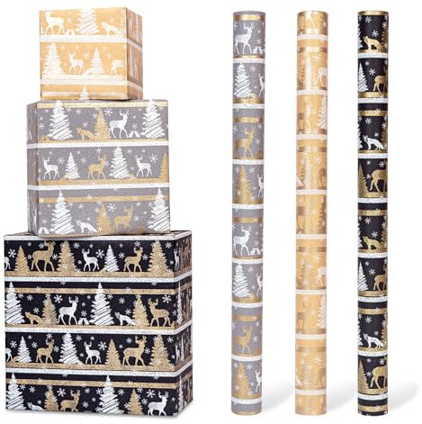Toptime Geschenkpapier Weihnachten, 3 Rollen 300x43cm Kraftpapier mit Weihnachtsbaum Rentier Schneeflocken, Schwarz Silber Braun Weihnachtspapier zum Basteln, Geschenkverpackung für Nuejahr, Party