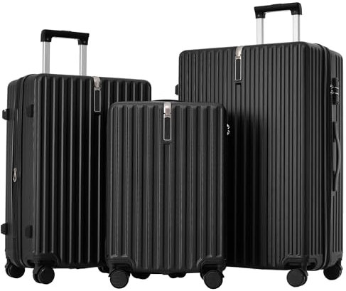 Weavelife 3er Kofferset mit Haken, Handgepäck Koffer, XL 70 cm-L 65 cm-M 55cm, Trolley Rollkoffer, Reisekoffer, 4 Rollen, Hartschale ABS-Material, TSA-Schloss, Schwarz