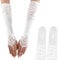 Eophmi White Long Gloves - 20s Fancy Dress, Fingerless with Finger Loops for Formal Bridal Banquet Party, Satin Opera Gloves
