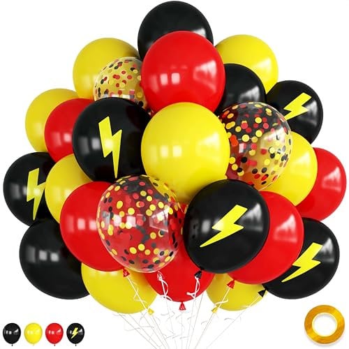 Red Yellow Black Balloons, 12 inch Lightning Cartoon Ball Anime Balloons Birthday Decorations, Lightning Printed Balloons Red and Black Confetti Balloon for Boys Superhero Theme Race Car Party Decor