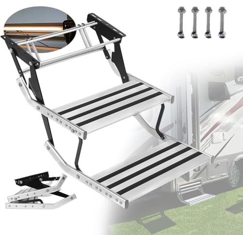 Gradini pieghevoli manuali in alluminio per camper, scale retrattili per camper, gradini di ingresso per casa mobile, gradini per camper campeggio, capacità di carico 150 kg, con luce a LED, doppio