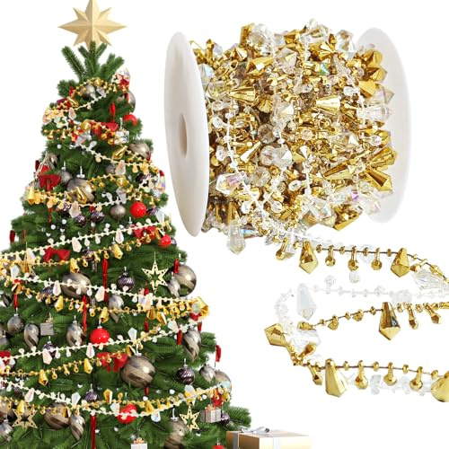 16FT Crystal Christmas Decorations,Silver Beads Xmas Tree Decorations,Acrylic Christmas Tree Ornaments,Clear Garland Twist Bead String For Christmas Tree Decor(gold)