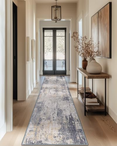 DEFYNEE Teppich Läufer 60 x 300 cm, rutschfest Teppichläufer, Kurzflor Küchenläufer, Waschbar, Faltbar, Abstraktes Design für Eingang, Küche, Wohnzimmer & Büro, Grauweiß