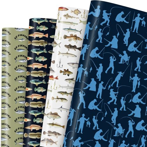 Angel-Geschenkpapier, 12 Blatt, Fisch-Geschenkpapier für Männer, Angler, Angelhaken-Design, Geschenkpapier für Party, Geburtstag, 50,8 x 71,1 cm