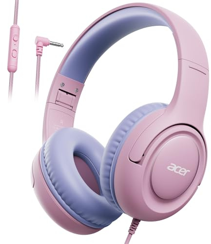 Acer Kids Headphones Wired for Kids with 85/94dB Volume Limit, 3.5mm Jack | Foldable Adjustable Stereo Sound Over Ear, for School, Travel, Tablet, Kindle, iPad, PC(Pink Purple)